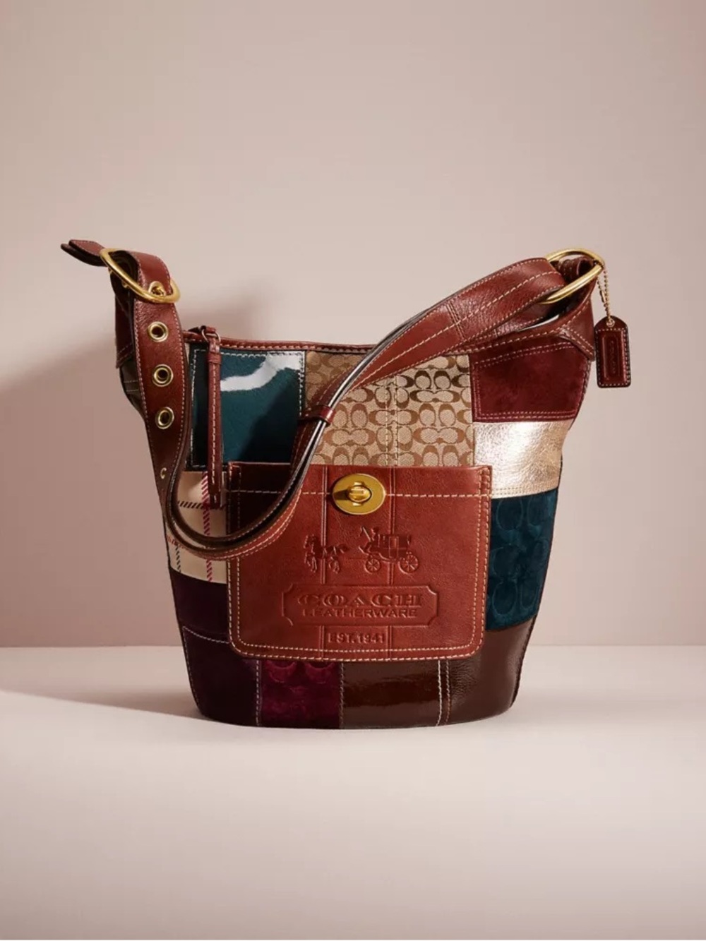 Coach Patchwork Leather & Signature Canvas Bucket Shoulder Bag - Brown Multi